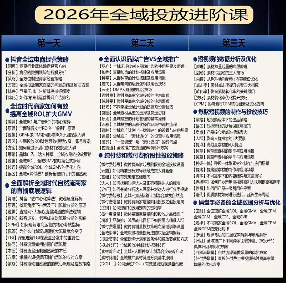 千川扫地僧2026抖音全域投放进阶课,少走弯路·快速起量·掌控增长,6月12-14号杭州线下课