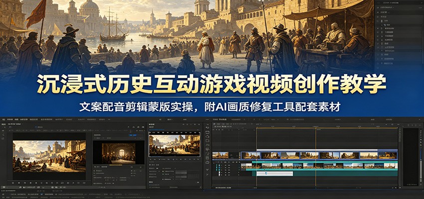 沉浸式历史互动游戏视频创作教学：文案配音剪辑蒙版实操，附AI画质修复工具配套素材-2ripyou