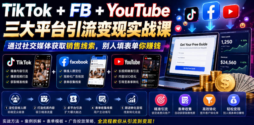 TikTok+FB+YouTube三大平台引流变现实战课，通过社交媒体获取销售线索，别人填表单你賺钱【原创双语字幕】-2ripyou
