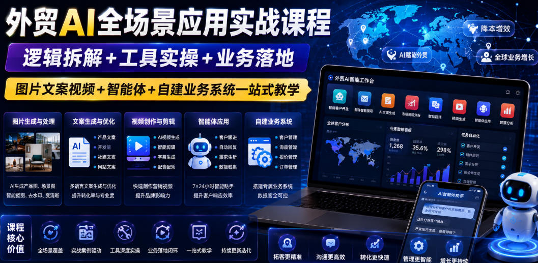 外贸AI全场景应用实战课程｜逻辑拆解+工具实操+业务落地，图片文案视频+智能体+自建业务系统一站式教学-2ripyou