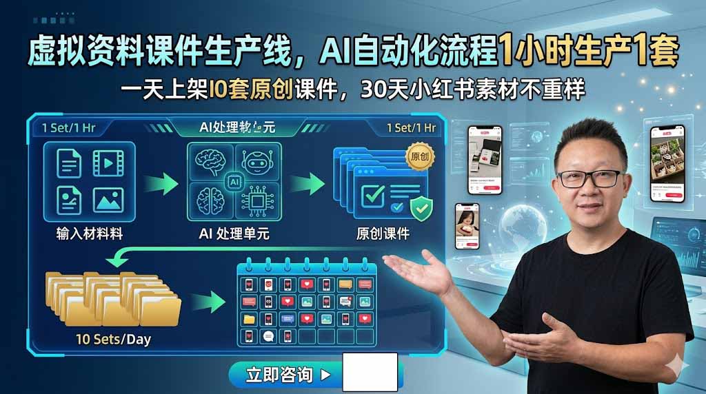 虚拟资料课件生产线，AI自动化流程1小时生产1套，一天上架10套原创课件，30天小红书素材不重样-2ripyou