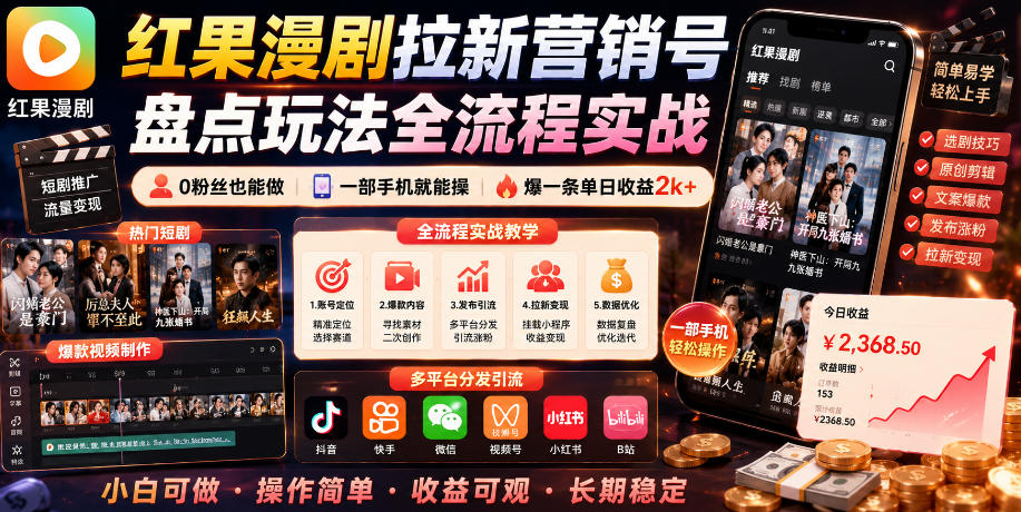 红果漫剧拉新营销号盘点玩法全流程实战，0粉丝也能做，一部手机就能做，爆一条单日收益2k+(更新0628)-2ripyou