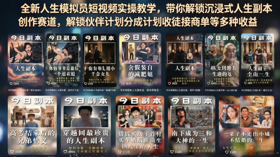 全新人生模拟员短视频实操教学，带你解锁沉浸式人生副本创作赛道，解锁伙伴计划分成计划收徒接商单等多种收益-2ripyou