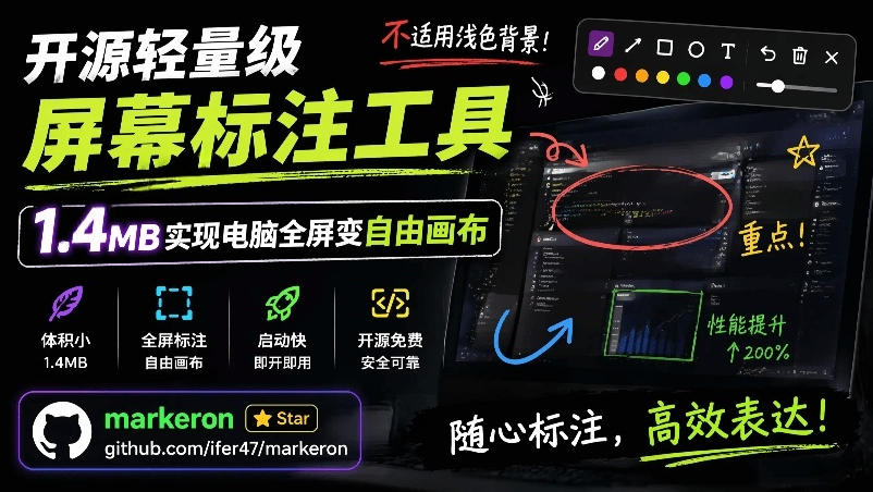 开源轻量级屏幕标注工具，1.4MB实现电脑全屏变自由画布！支持8种标注工具和全键盘操控MarkerOn-2ripyou