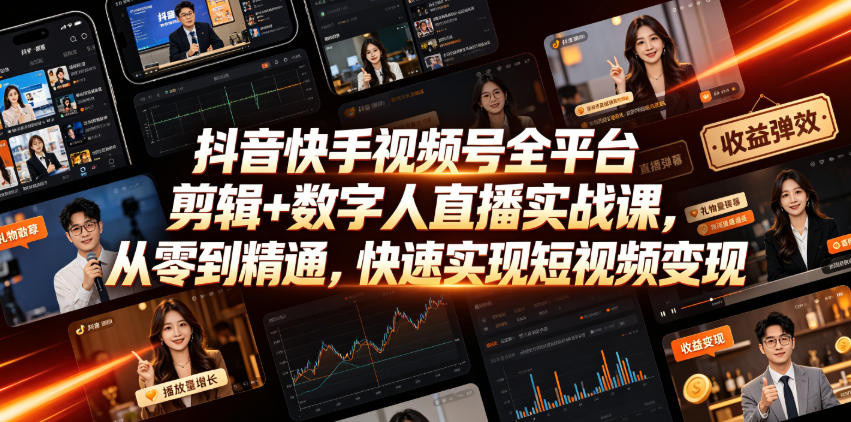 抖音快手视频号全平台剪辑+数字人直播实战课，从零到精通，快速实现短视频变现(更新2026年6月)​-2ripyou