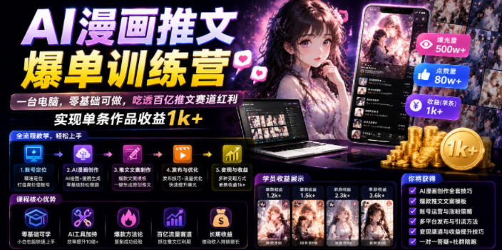 AI漫画推文爆单训练营，一台电脑，零基础可做，吃透百亿推文赛道红利，实现单条作品收益1k+-2ripyou