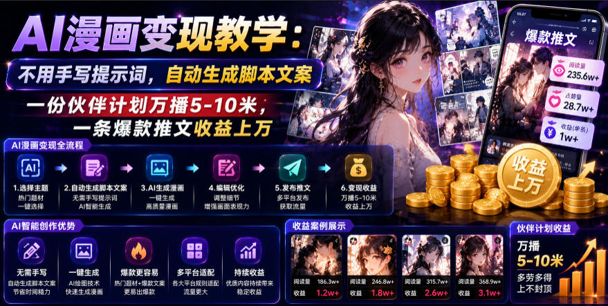 AI漫画变现教学：不用手写提示词，自动生成脚本文案，一份伙伴计划万播5-10米，一条爆款推文收益上W-2ripyou