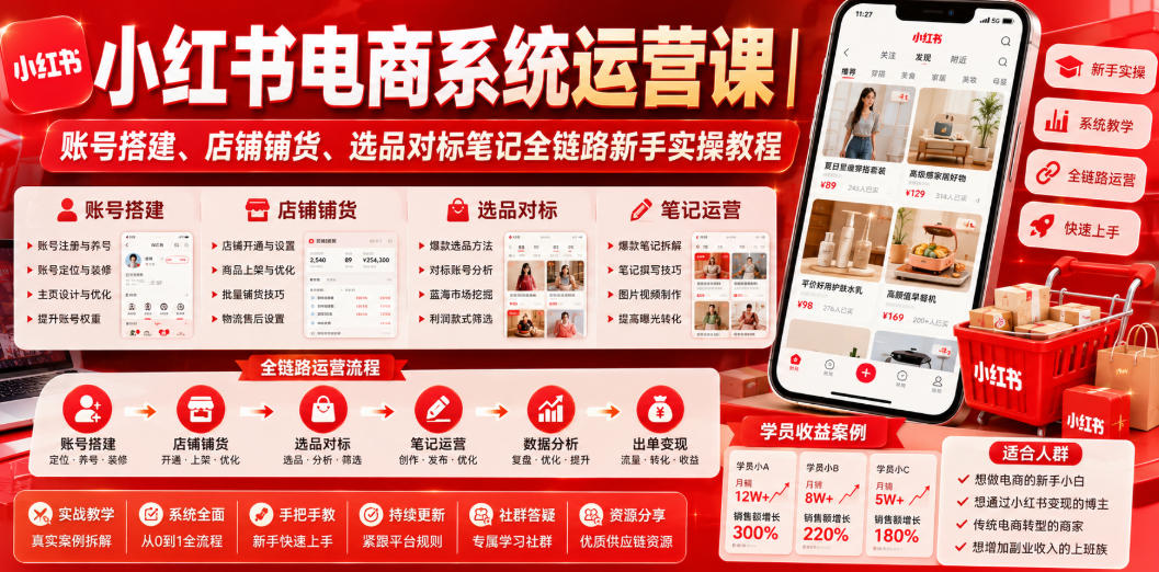 小红书电商系统运营课｜账号搭建、店铺铺货、选品对标笔记全链路新手实操教程-2ripyou