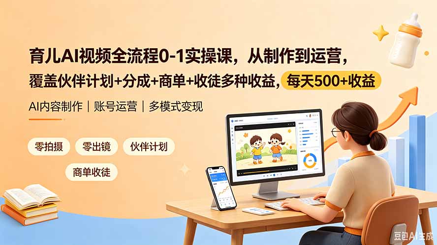 育儿AI视频全流程0-1实操课，从制作到运营，覆盖伙伴计划+分成+商单+收徒多种收益，每天500+收益-2ripyou