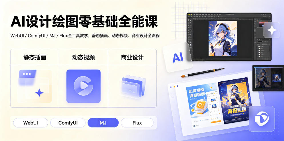 AI设计绘图零基础全能课｜WebUI/ComfyUI/MJ/Flux全工具教学，静态插画、动态视频、商业设计全流程-2ripyou