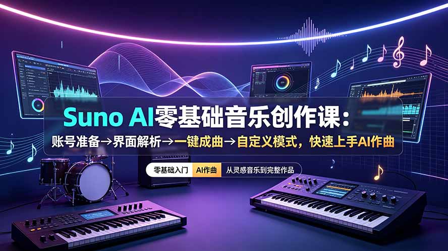 Suno AI零基础音乐创作课：账号准备→界面解析→一键成曲→自定义模式，快速上手AI作曲-2ripyou