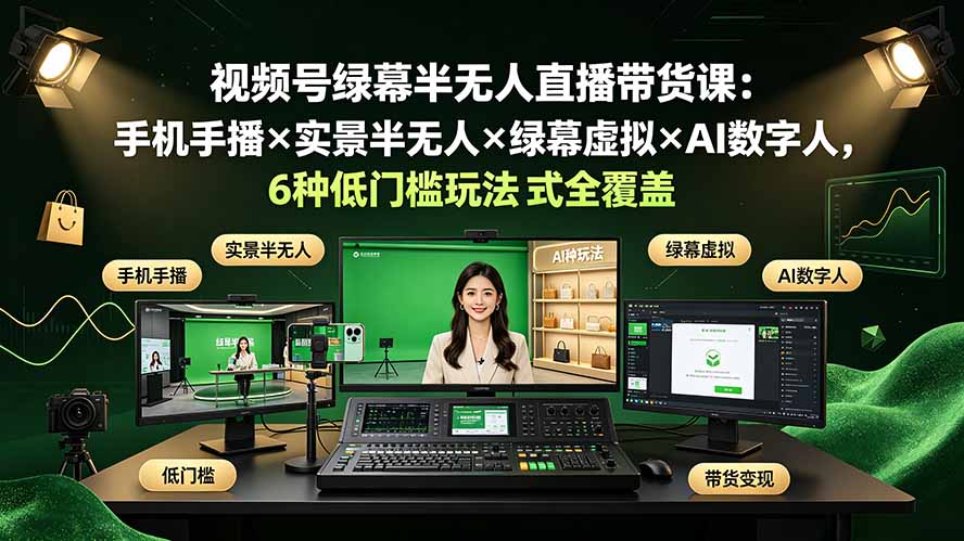 视频号绿幕半无人直播带货课：手机手播×实景半无人×绿幕虚拟×AI数字人，6种低门槛玩法全覆盖-2ripyou