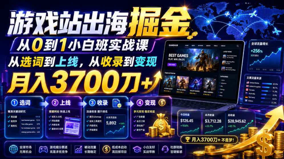 游戏站出海掘金从0到1小白实战课，从选词到上线，从收录到变现，月入3700刀+-2ripyou