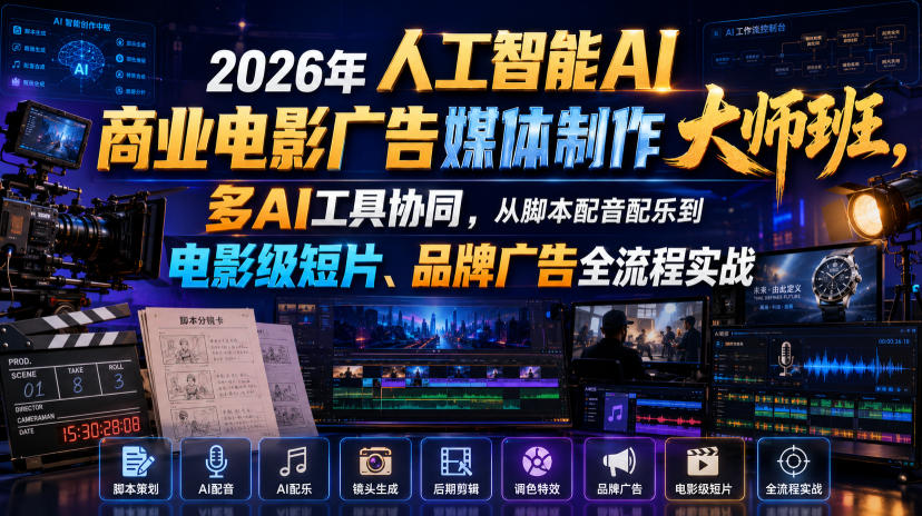 2026年人工智能AI商业电影广告媒体制作大师班，多AI工具协同，从脚本配音配乐到电影级短片、品牌广告全流程实战(中英字幕)-2ripyou