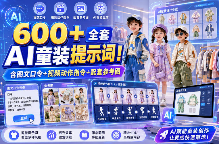 600+全套AI童装提示词！含图文口令+视频动作指令+配套参考图，Word-Excel规整分类，童装电商、种草无脑量产内容！-2ripyou