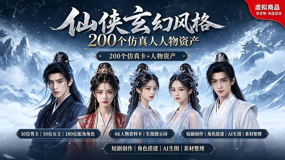 200个仙侠玄幻仿真人素材◆10男主×10女主×180配角，4K资料卡+AI生图提示词，漫剧必备-2ripyou