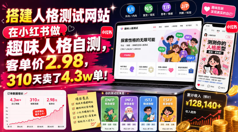 搭建人格测试网站在小红书做趣味人格自测,客单价2.98,310天卖了4.3w单!-2ripyou