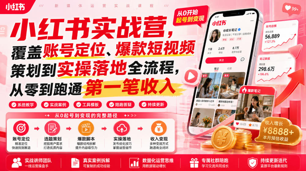 小红书实战营，覆盖账号定位、爆款短视频策划到实操落地全流程，从零到跑通第一笔收入-2ripyou