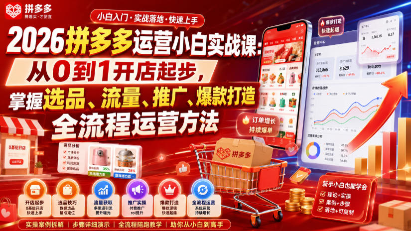 2026拼多多运营小白实战课：从0到1开店起步，掌握选品、流量、推广、爆款打造全流程运营方法-2ripyou