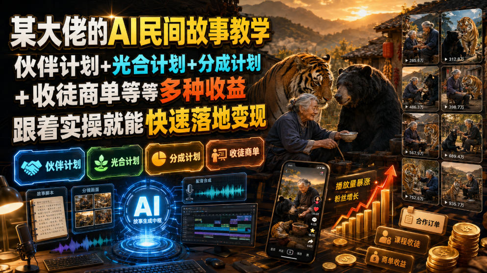 某大佬的AI民间故事教学，伙伴计划+光合计划+分成计划+收徒商单等多种收益，跟着实操就能快速落地变现-2ripyou