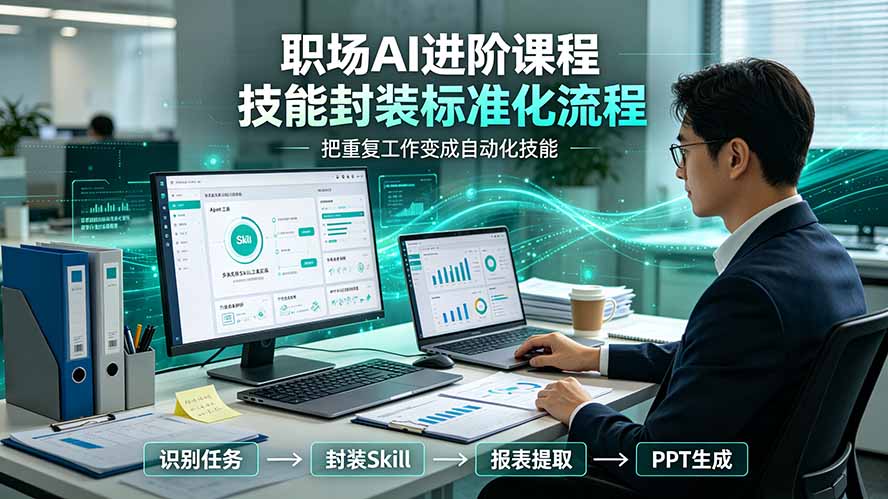 职场AI进阶课程；多类实用Skill工具实操，专属技能封装标准化流程，报表行业报告一键提取核心内容-2ripyou