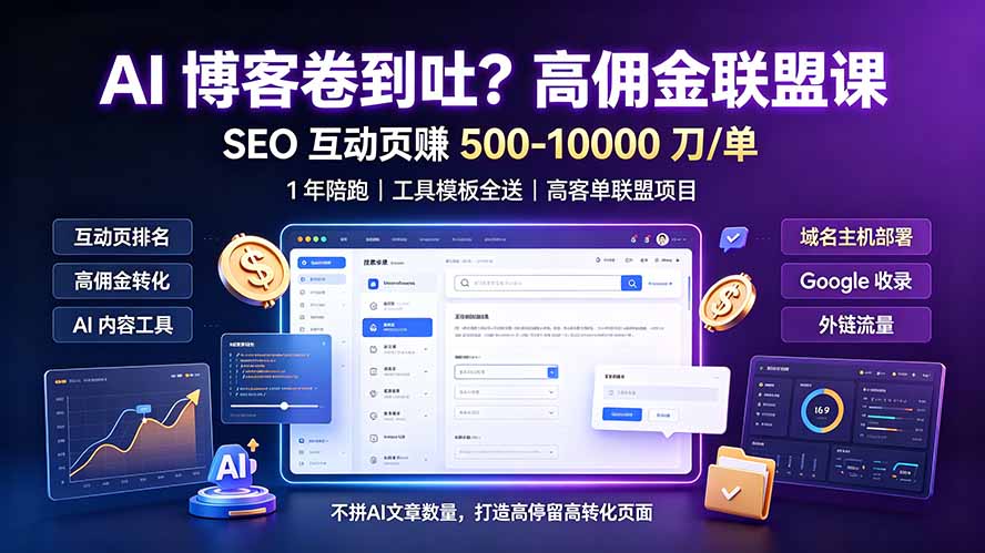 AI 博客卷到吐？高佣金联盟课：SEO 互动页赚 500-10000 刀 单，1 年陪跑 + 工具模板全送-2ripyou