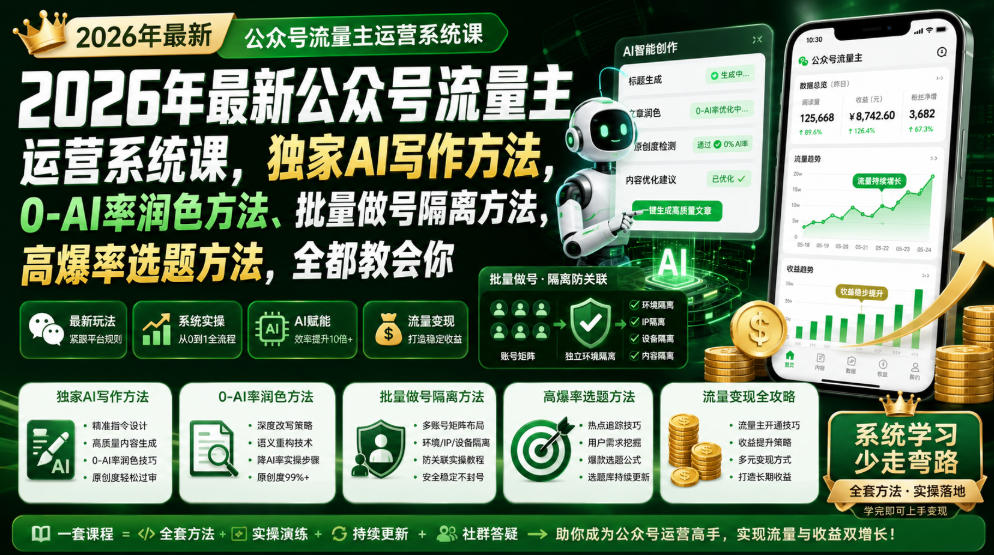 2026年最新公众号流量主运营系统课，独家AI写作方法，0-AI率润色方法、批量做号隔离方法、高爆率选题方法，全都教会你-2ripyou