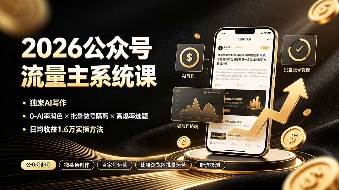 2026公众号流量主系统课：独家AI写作×0-AI率润色×批量做号隔离×高爆率选题，日均收益1.6万实操方法-2ripyou