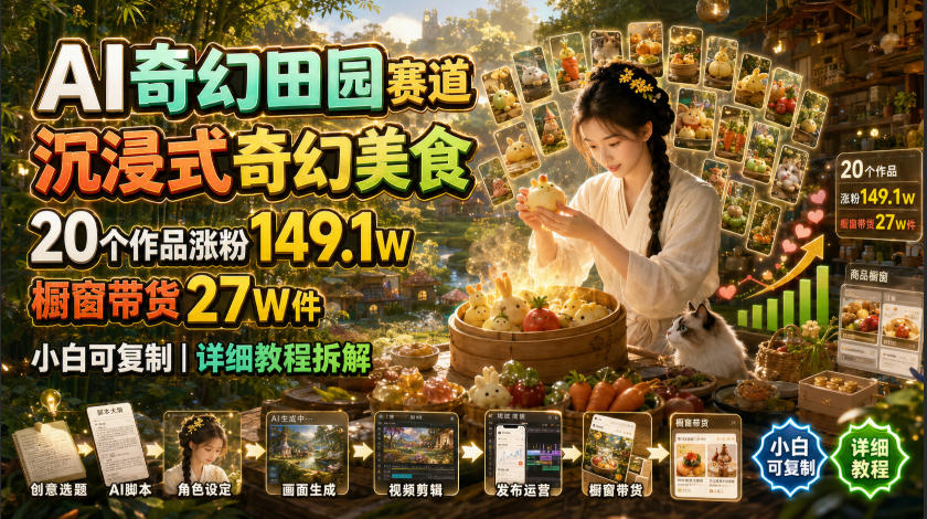 AI奇幻田园赛道，沉浸式奇幻美食，20个作品涨粉149.1W，橱窗带货27W件，小白可复制，详细教程拆解-2ripyou