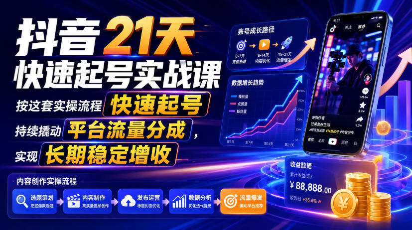 抖音21天快速起号实战课，按这套实操流程快速起号，持续撬动平台流量分成，实现长期稳定增收-2ripyou