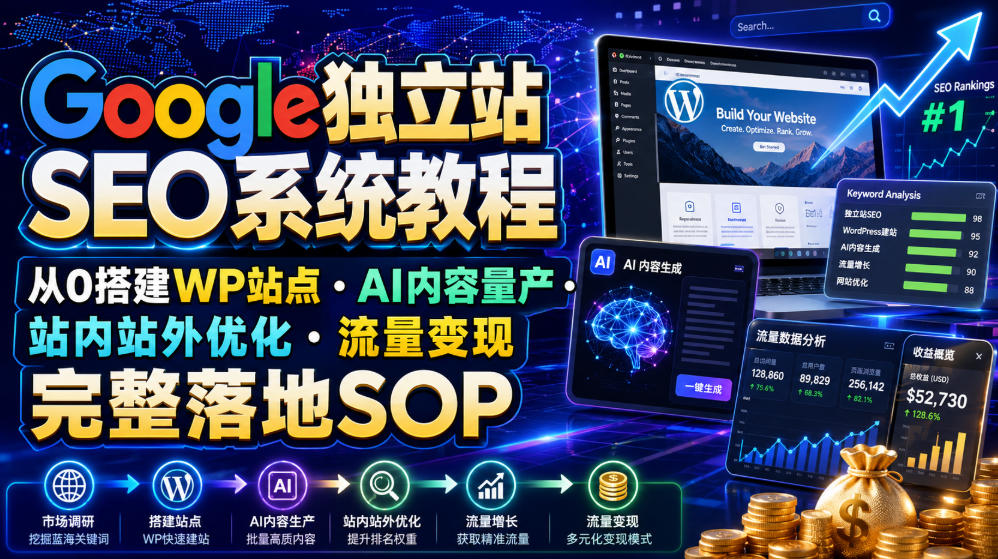 Google独立站SEO系统教程，从0搭建WP站点・AI内容量产・站内站外优化・流量变现完整落地SOP(2026年7月)-2ripyou