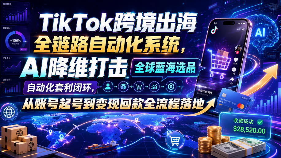 TikTok跨境出海全链路自动化系统，AI降维打击全球蓝海选品自动化套利闭环，从账号起号到变现回款全流程落地(2026年7月)-2ripyou