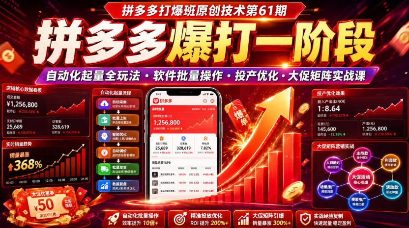 拼多多打爆班原创技术第61期，拼多多爆打一阶段，自动化起量全玩法・软件批量操作・投产优化・大促矩阵实战课-2ripyou
