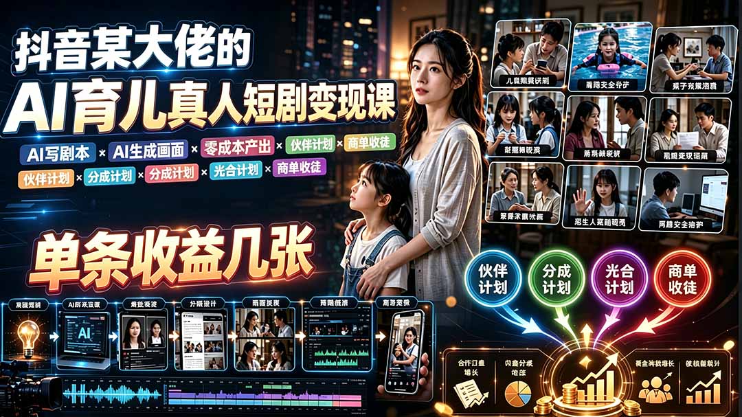 AI育儿真人短剧变现课：AI写剧本×AI生成画面×零成本产出×伙伴计划×分成计划×光合计划×商单收徒-2ripyou