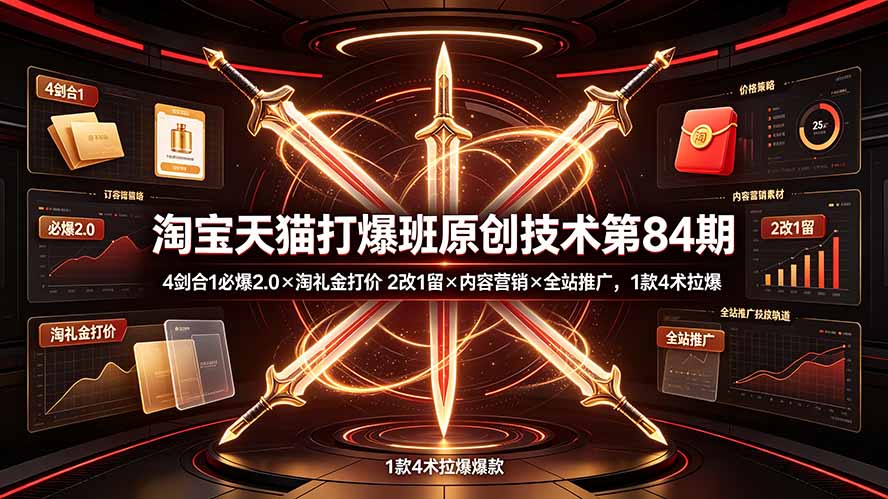 淘宝天猫打爆班原创技术第84期：4剑合1必爆2.0×淘礼金打价×2改1留×内容营销×全站推广，1款4术拉爆-2ripyou