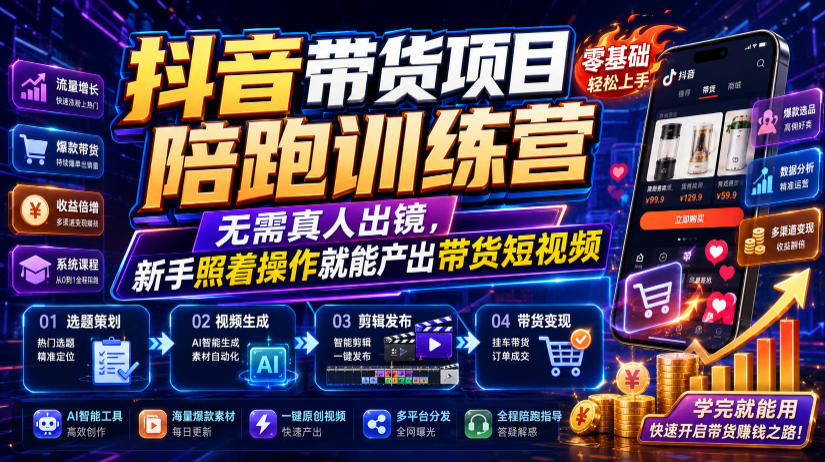 抖音带货项目陪跑训练营，无需真人出镜，新手照着操作就能产出带货短视频-2ripyou