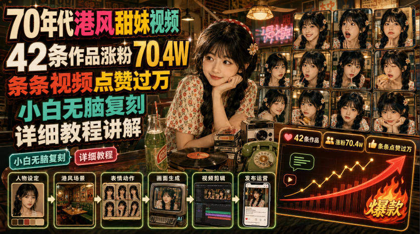 70年代港风甜妹视频，42条作品涨粉70.4W，条条视频点赞过万，小白无脑复刻，详细教程讲解-2ripyou