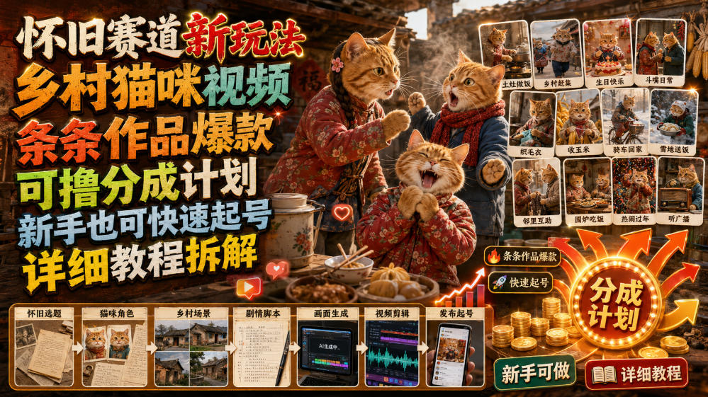 怀旧赛道新玩法，乡村猫咪视频，条条作品爆款，可撸分成计划，新手也可快速起号，详细教程拆解-2ripyou