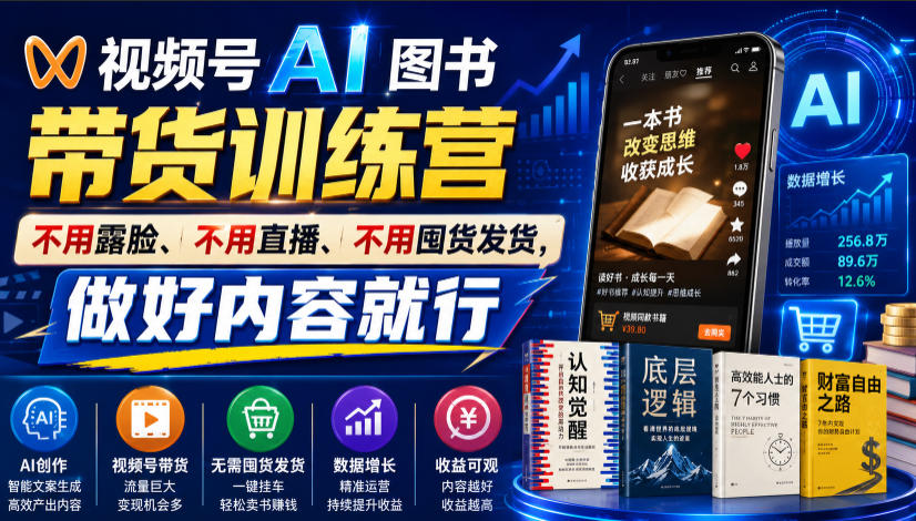 视频号AI图书带货训练营，不用露脸、不用直播、不用囤货发货，做好内容就行，一条爆款视频佣金8942-2ripyou
