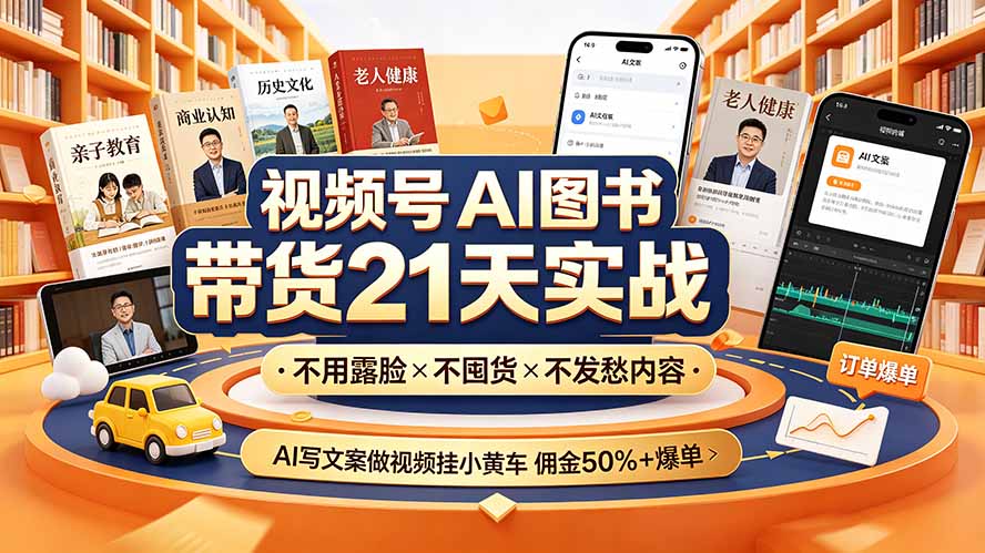 视频号AI图书带货21天实战：不用露脸×不囤货×不发愁内容，AI写文案做视频挂小黄车，佣金50%+爆单-2ripyou