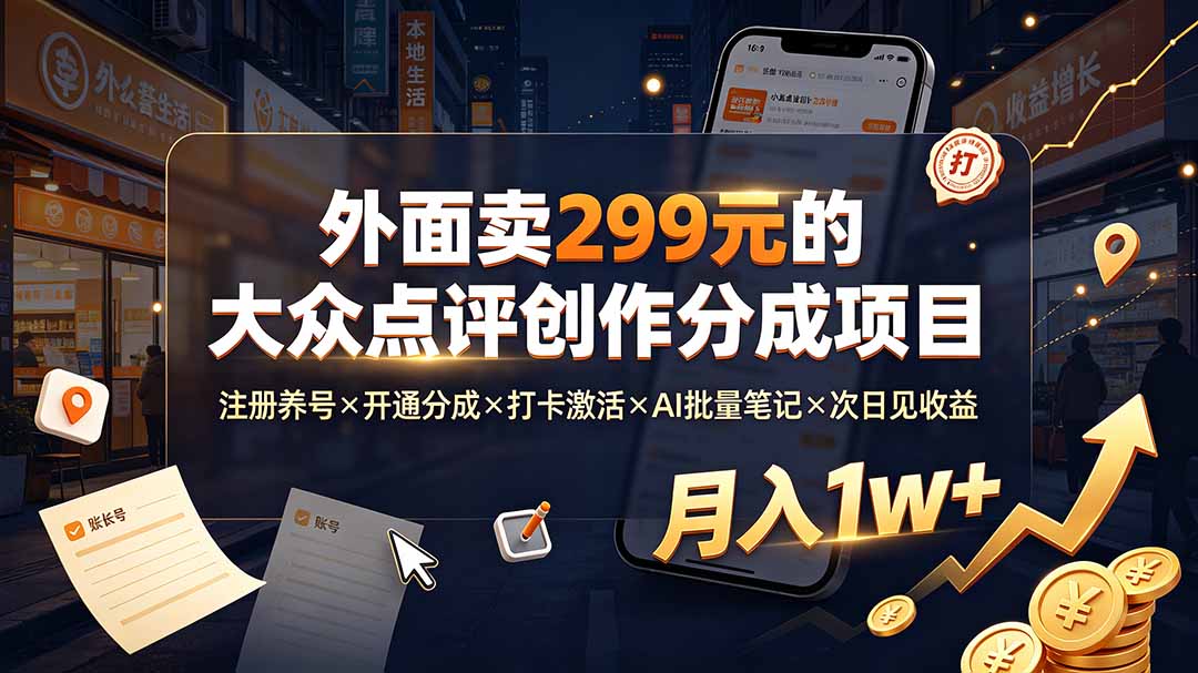 外面卖299元的大众点评创作分成项目：注册养号×开通分成×打卡激活×AI批量笔记×次日见收益，月入1w+-2ripyou
