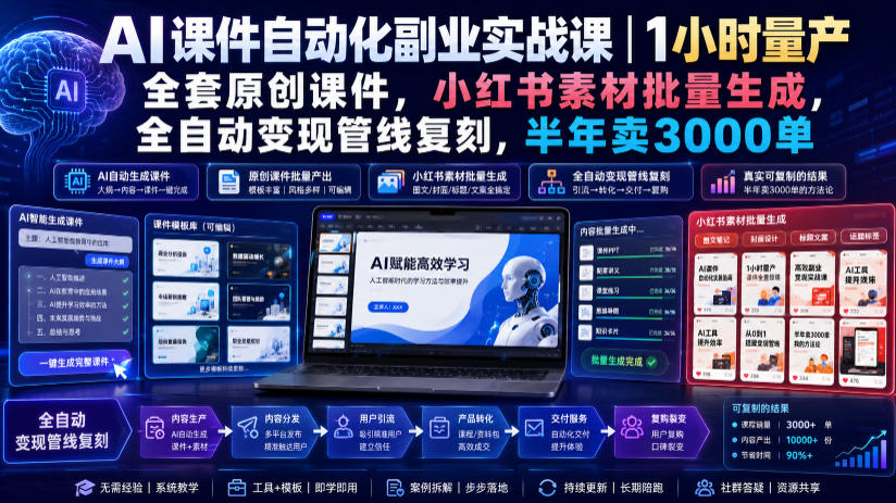 AI课件自动化副业实战课｜1小时量产全套原创课件，小红书素材批量生成，全自动变现管线复刻，半年卖3000单-2ripyou