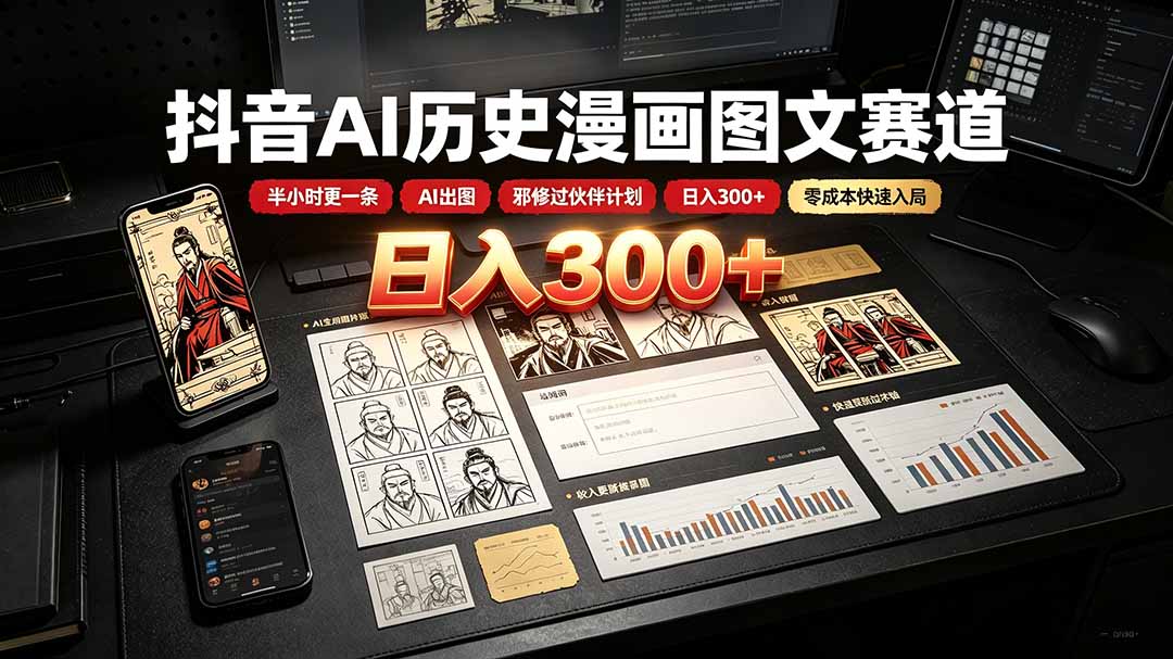 抖音AI历史漫画图文赛道：半小时更一条×AI出图×邪修过伙伴计划×日入300+，零成本快速入局-2ripyou