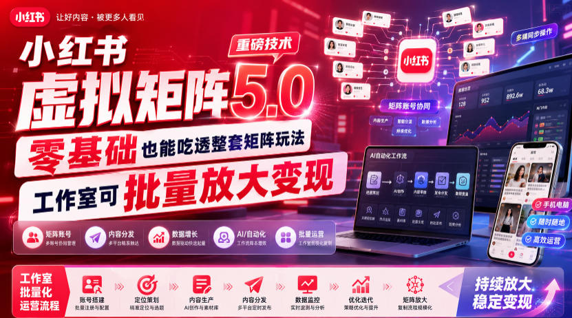 小红书虚拟矩阵5.0重磅技术，零基础也能吃透整套矩阵玩法，工作室可批量放大变现-2ripyou