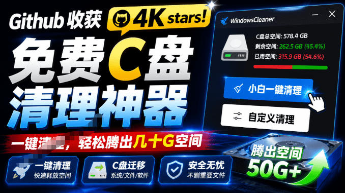 Github收获4K stars！免费C盘清理神器，轻松腾出几十G空间，支持C盘迁移Windows Cleaner-2ripyou