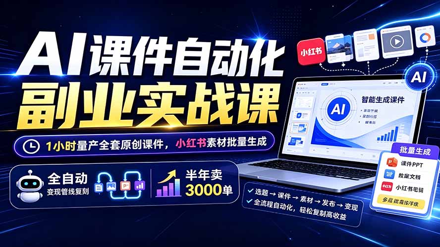 AI课件自动化副业实战课：1小时量产全套原创课件×小红书素材批量生成×全自动变现管线×半年卖3000单-2ripyou