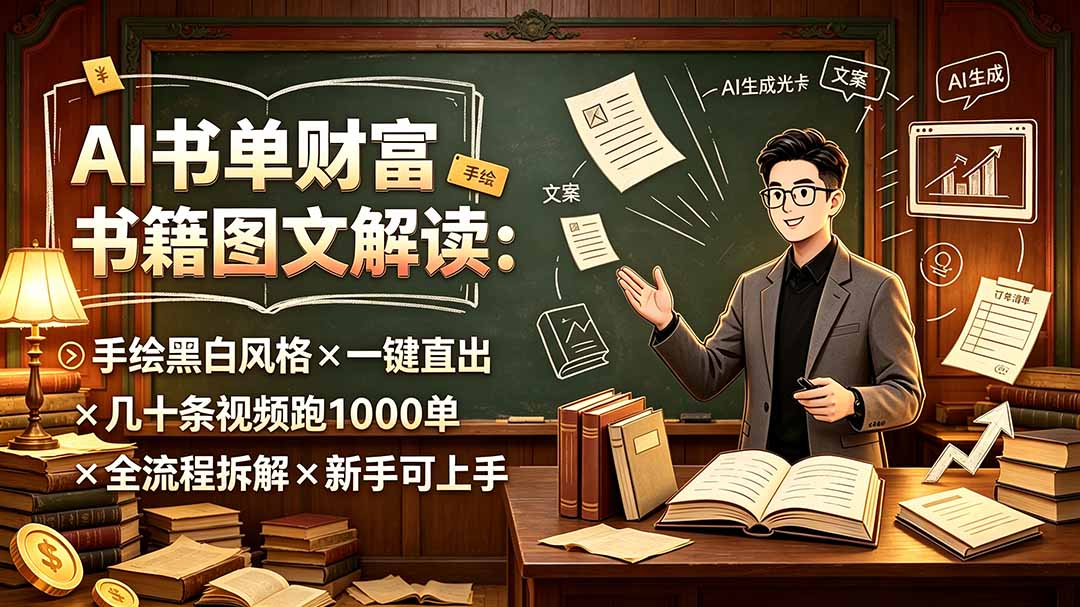 AI书单财富书籍图文解读：手绘黑白风格×一键直出×几十条视频跑1000单×全流程拆解×新手可上手-2ripyou